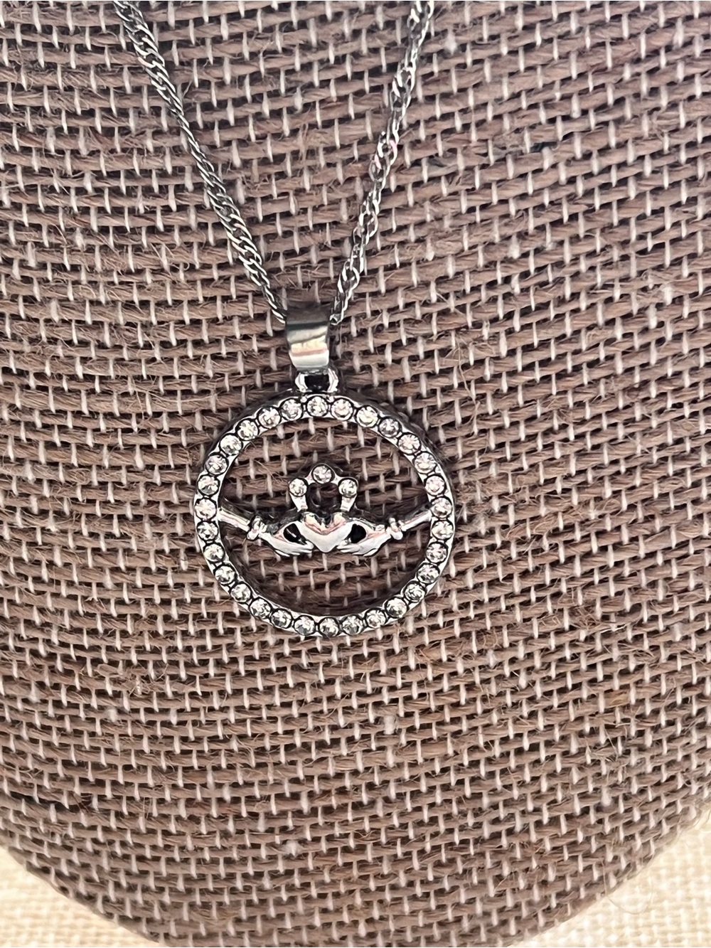 Silver Tone Crystal Claddagh Halo Pendant Necklace 18”